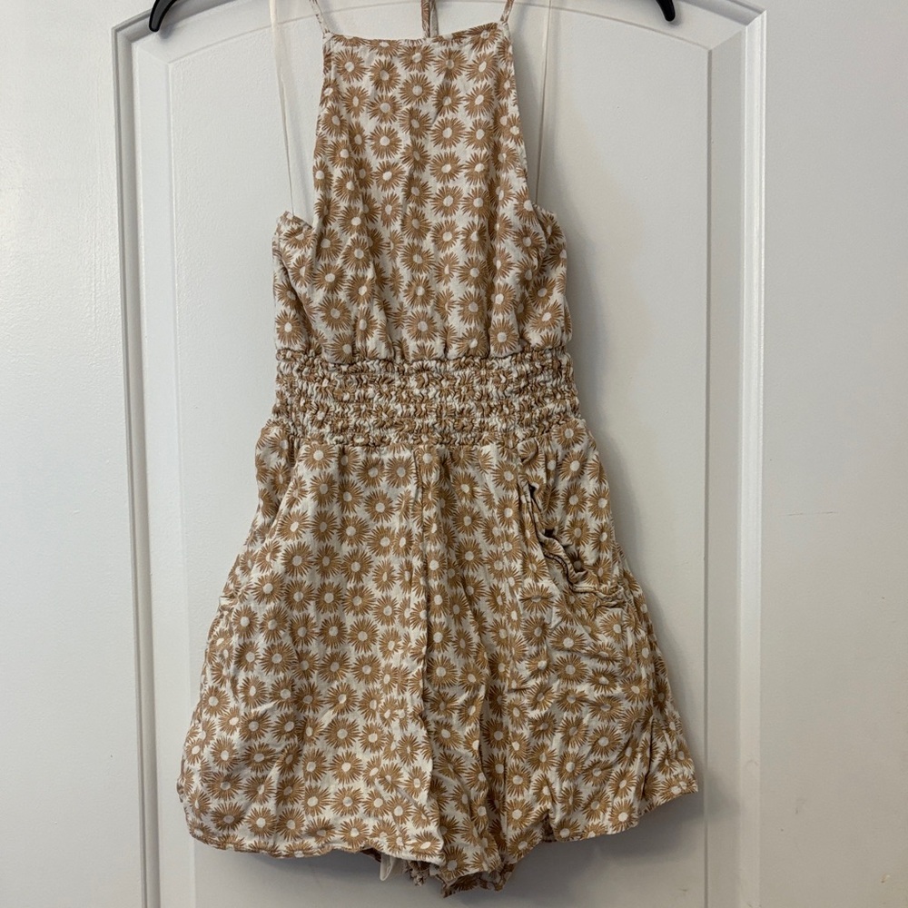 American Eagle Boho Print Smocked Waist Romper in Beige and White